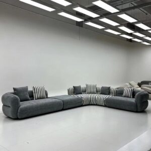 Curved Modular Fabric Sofa with Striped Cushions