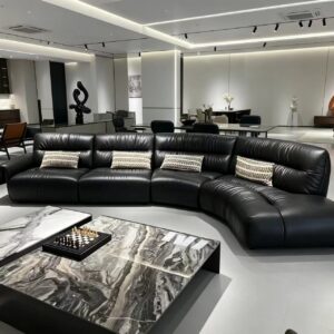 Contemporary Black Curved Leather Sectional Sofa with Chaise