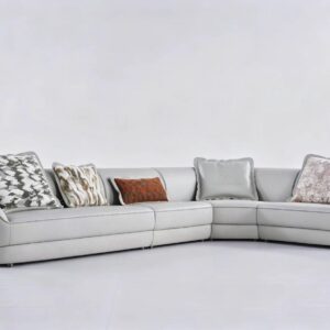 Ivory Curved Corner Leather Sofa with Metallic Trim